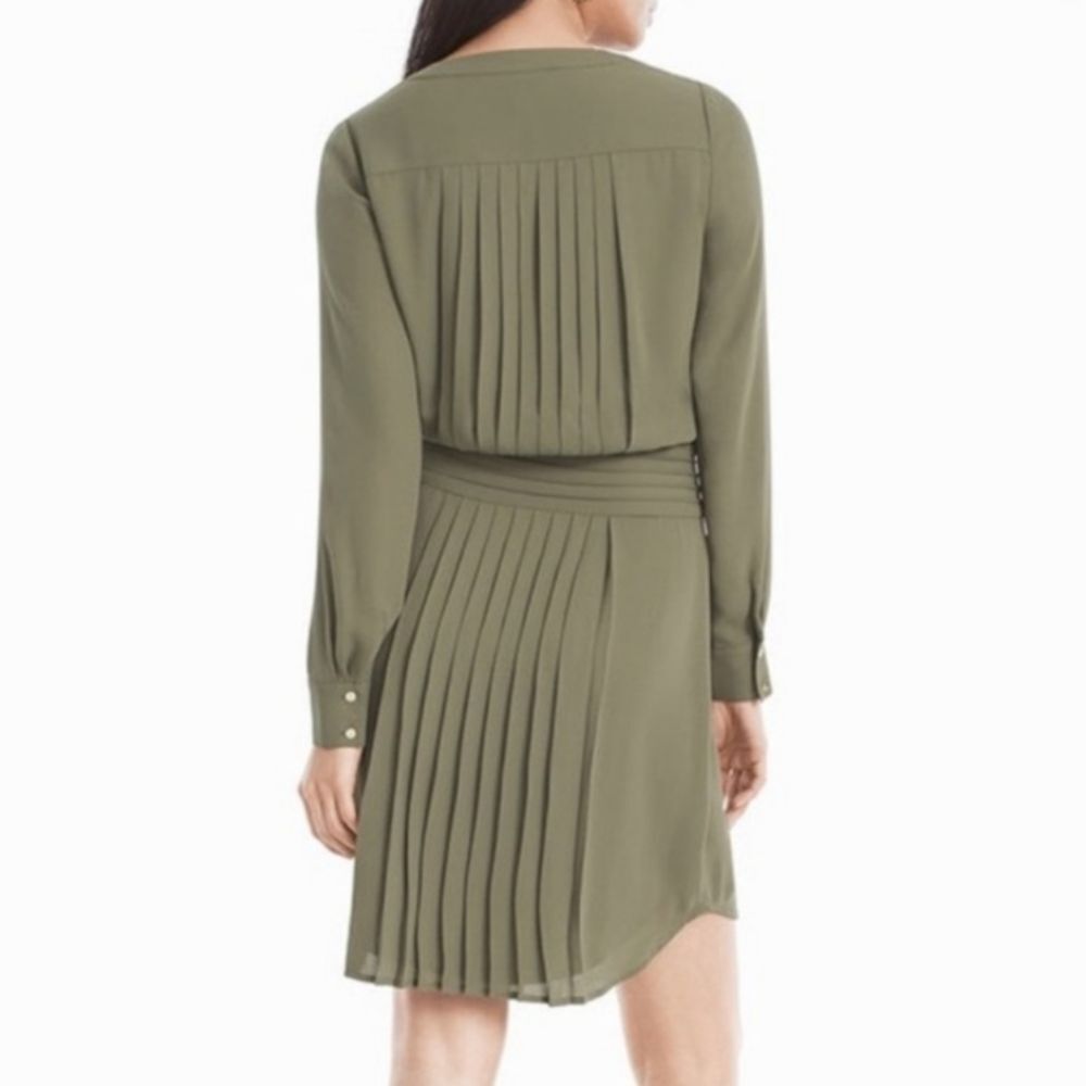 White House Black Market Olive Green Pleated V-Neck Long Sleeve Dress - Picture 2 of 16